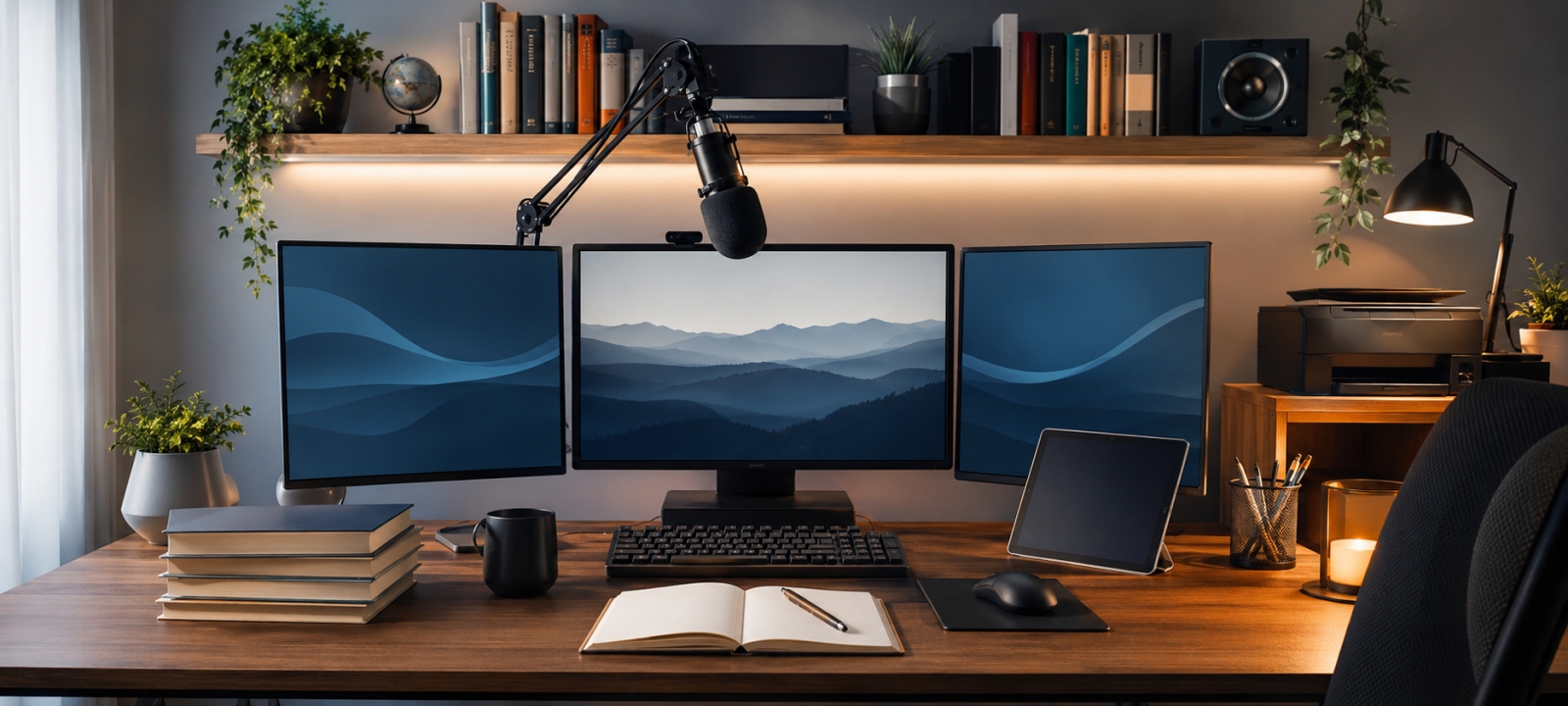 Espacio de trabajo académico con herramientas digitales, libros y cuaderno, representando educación y tecnología.