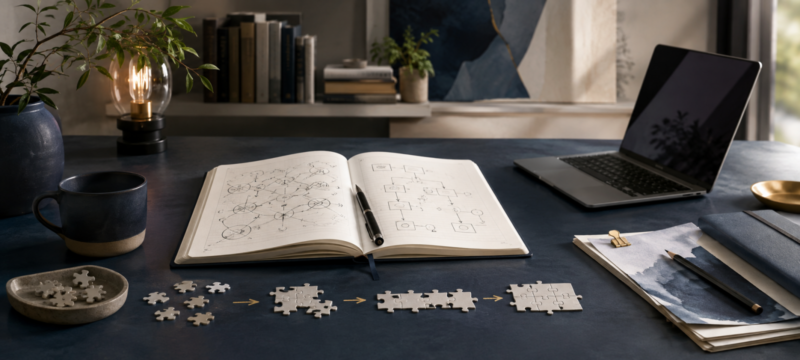 Escritorio de trabajo con cuaderno abierto, diagramas, piezas de rompecabezas y computadora, representando análisis de problemas y búsqueda de soluciones.