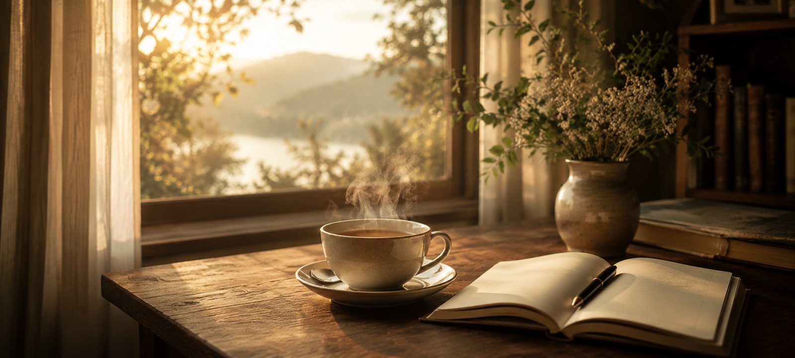 Taza de té humeante sobre una mesa de madera junto a un cuaderno abierto, en un ambiente cálido y sereno.