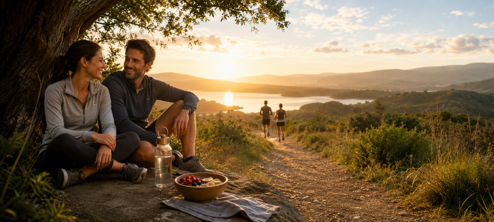 Escena al aire libre al atardecer con personas disfrutando actividad física y descanso en un entorno natural, representando bienestar y vida saludable.